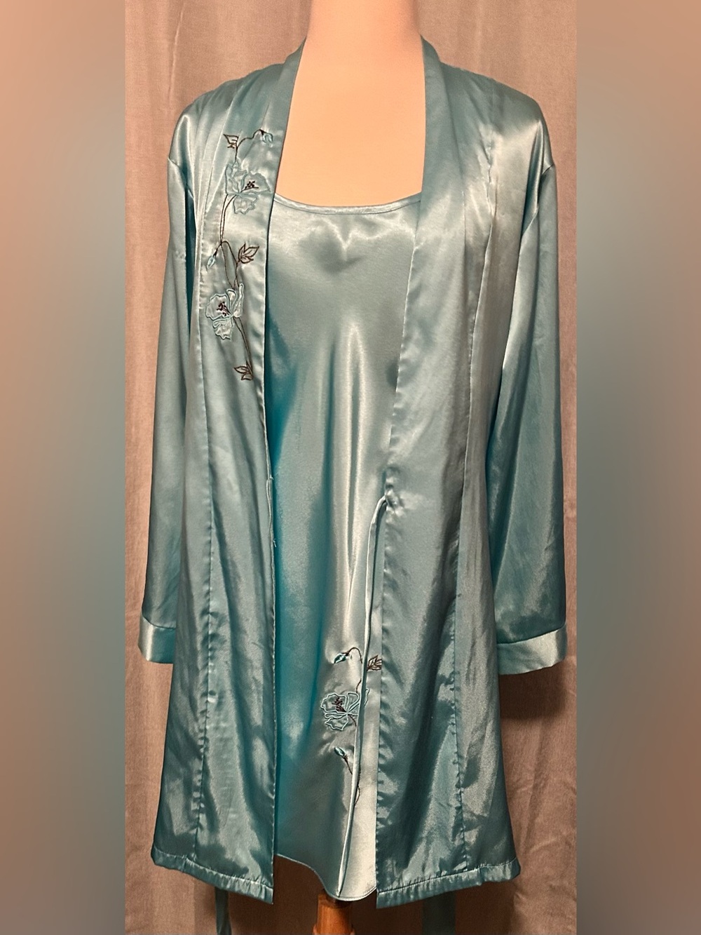 Vintage Jones New York Embroidered Robe & Slip Set - Teal
